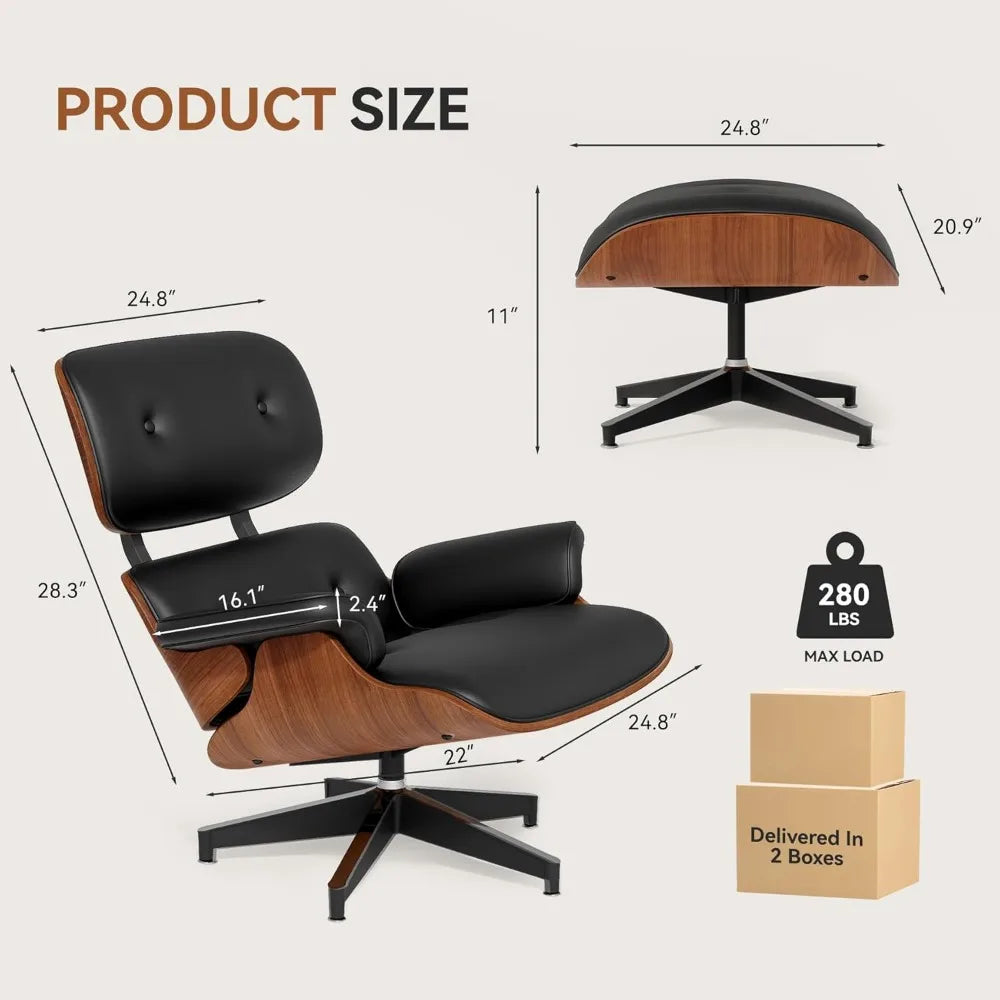 Swivel Chaise Lounge Chair and Ottoman, Top PU Modern Chair, Comfy Accent Sofa Reclining Chair for Living Room, Bedroom