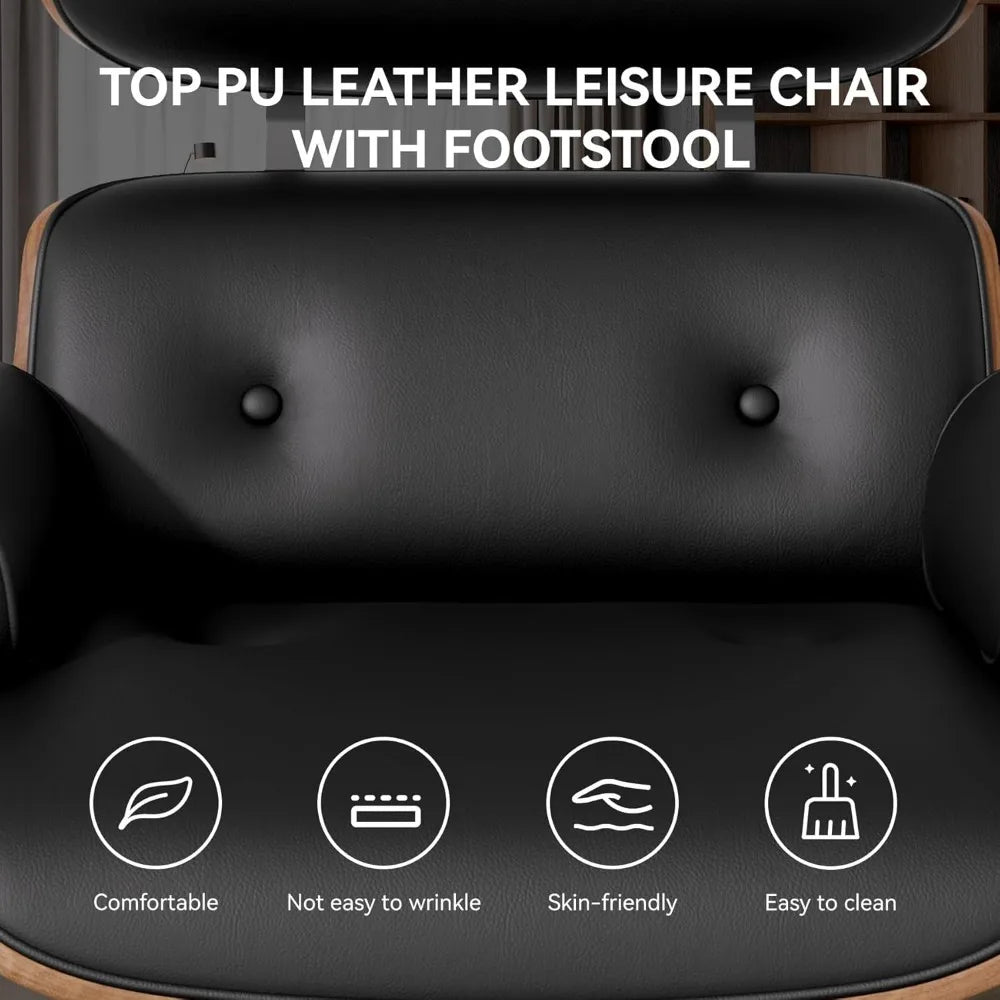 Swivel Chaise Lounge Chair and Ottoman, Top PU Modern Chair, Comfy Accent Sofa Reclining Chair for Living Room, Bedroom