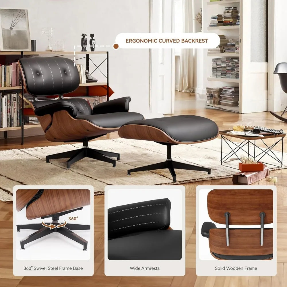 Swivel Chaise Lounge Chair and Ottoman, Top PU Modern Chair, Comfy Accent Sofa Reclining Chair for Living Room, Bedroom