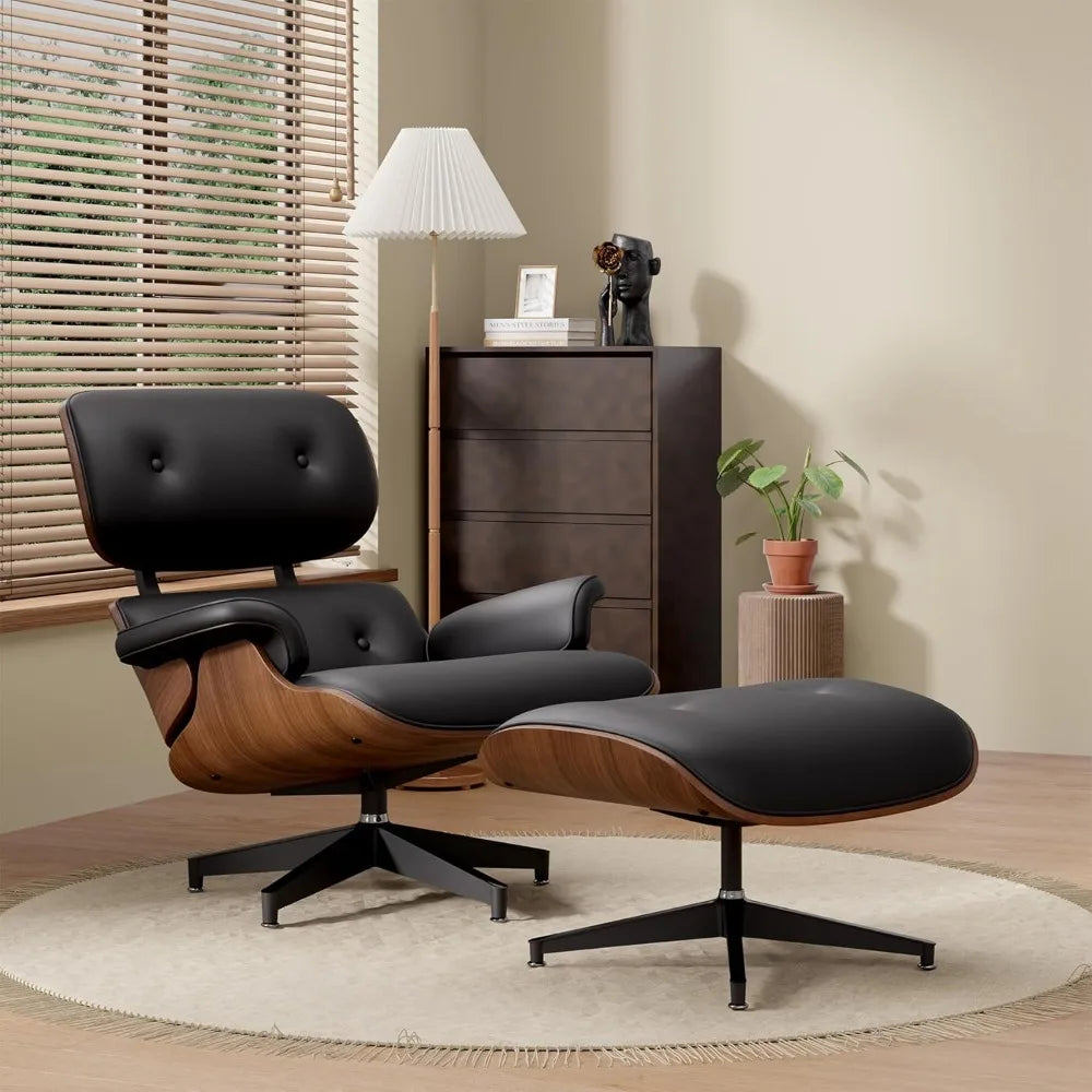 Swivel Chaise Lounge Chair and Ottoman, Top PU Modern Chair, Comfy Accent Sofa Reclining Chair for Living Room, Bedroom